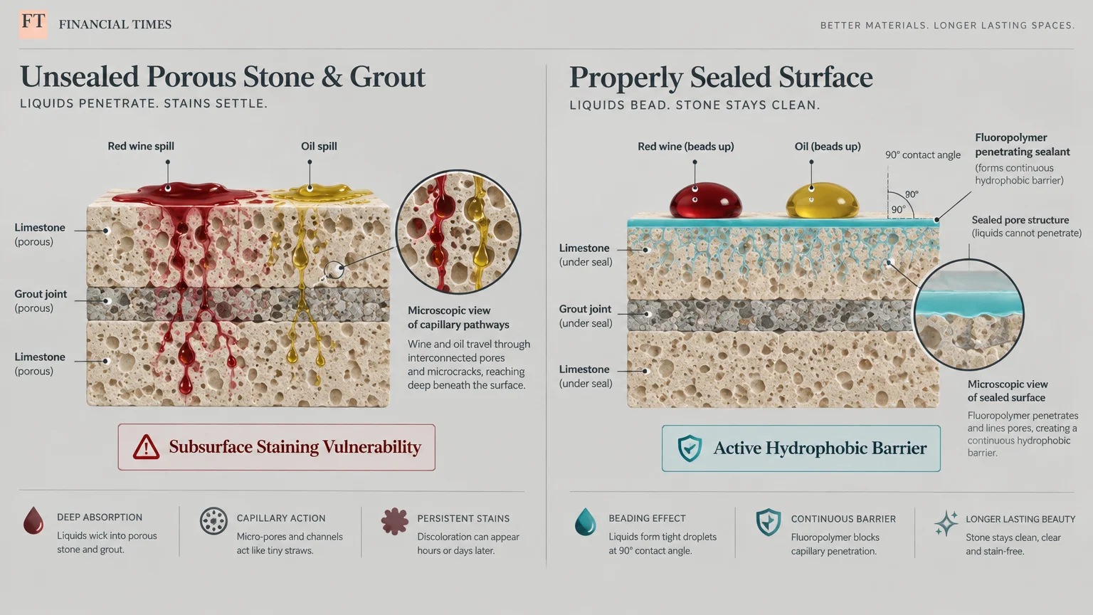 Cross-section diagram comparing unsealed porous stone absorbing wine and oil with a properly sealed surface where liquids bead up.