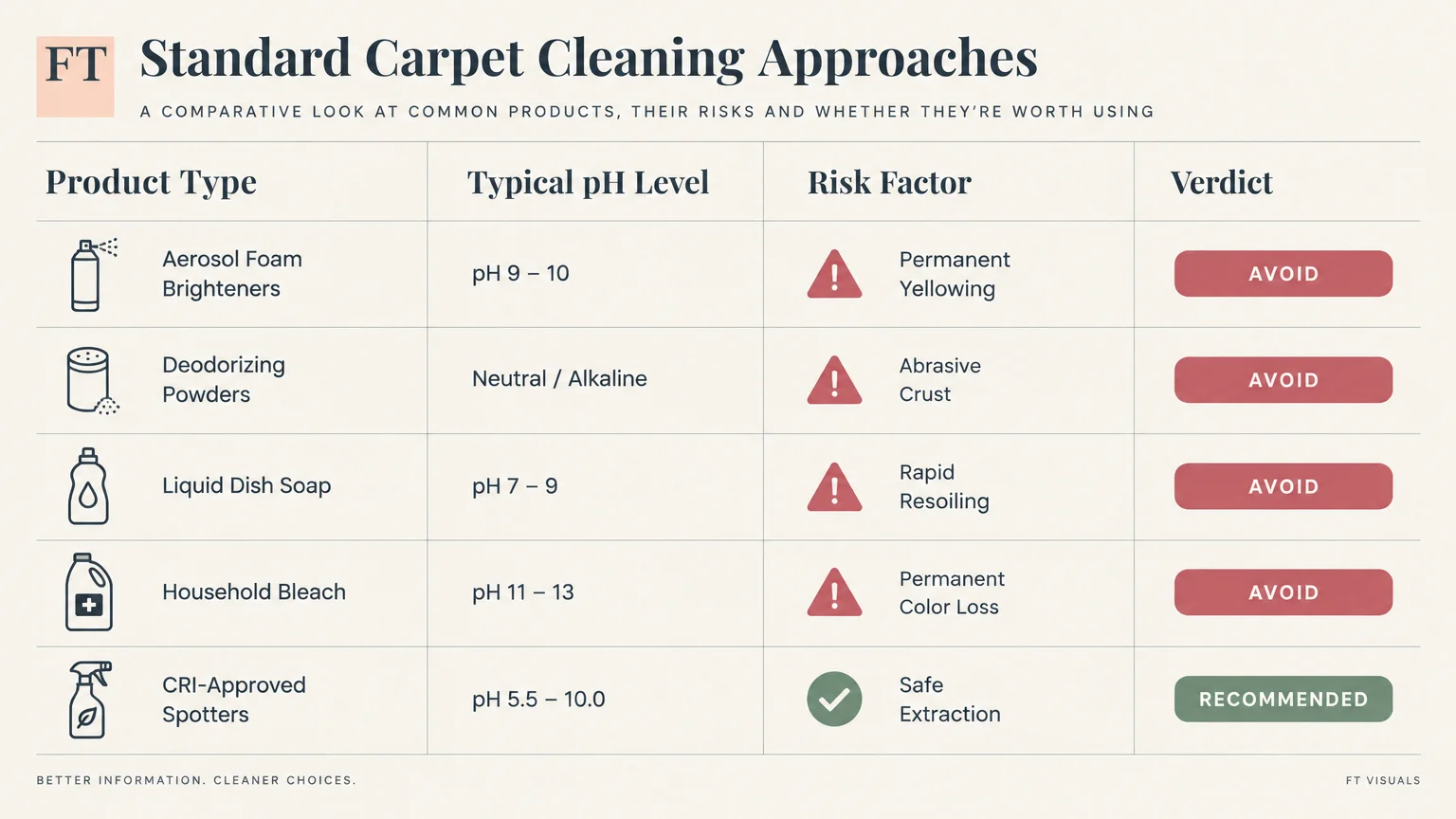 Table comparing carpet cleaning approaches, showing pH levels, risk factors, and verdicts ranging from avoid to recommended.