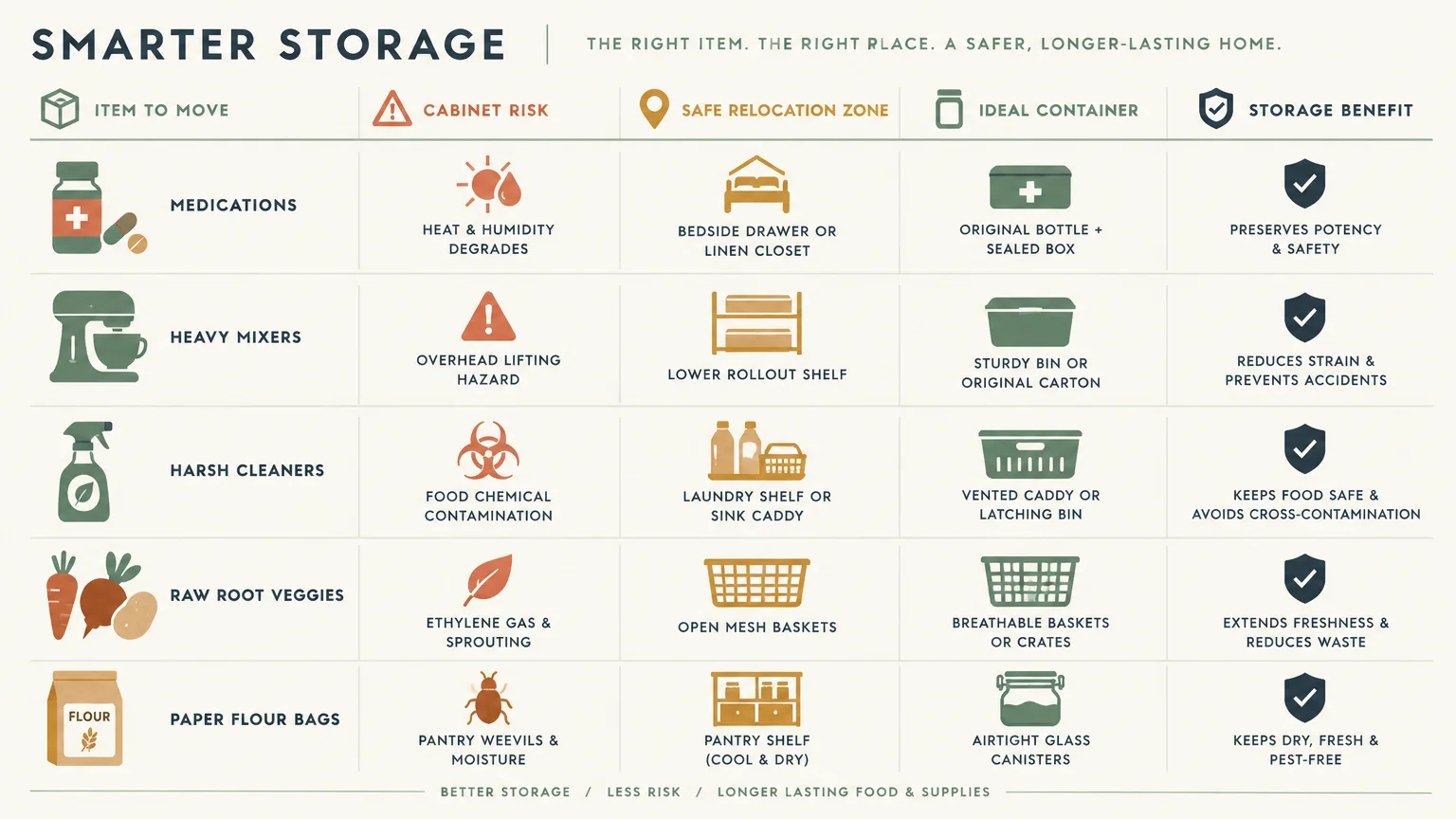 Chart listing items to move from kitchen cabinets, along with cabinet risks, relocation zones, containers, and benefits.