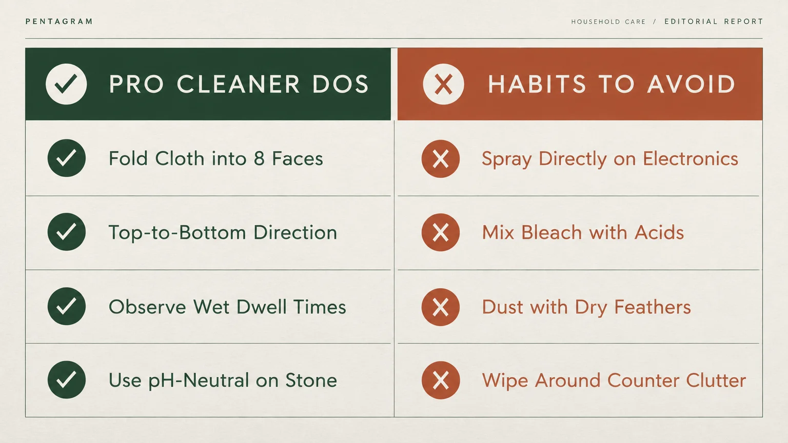 A two-column chart contrasting green checkmark "Pro Cleaner Dos" against red X-mark "Habits to Avoid" list items.