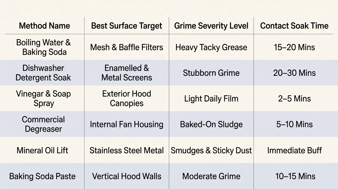 Table comparing range hood cleaning methods by surface target, grime severity level, and contact soak time.