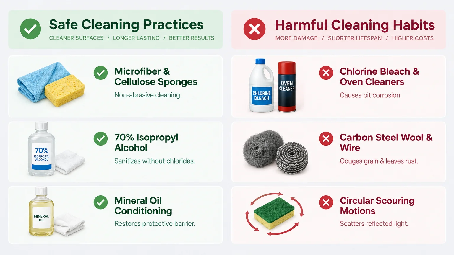 Graphic comparing safe cleaning practices like isopropyl alcohol against harmful habits like chlorine bleach and steel wool.