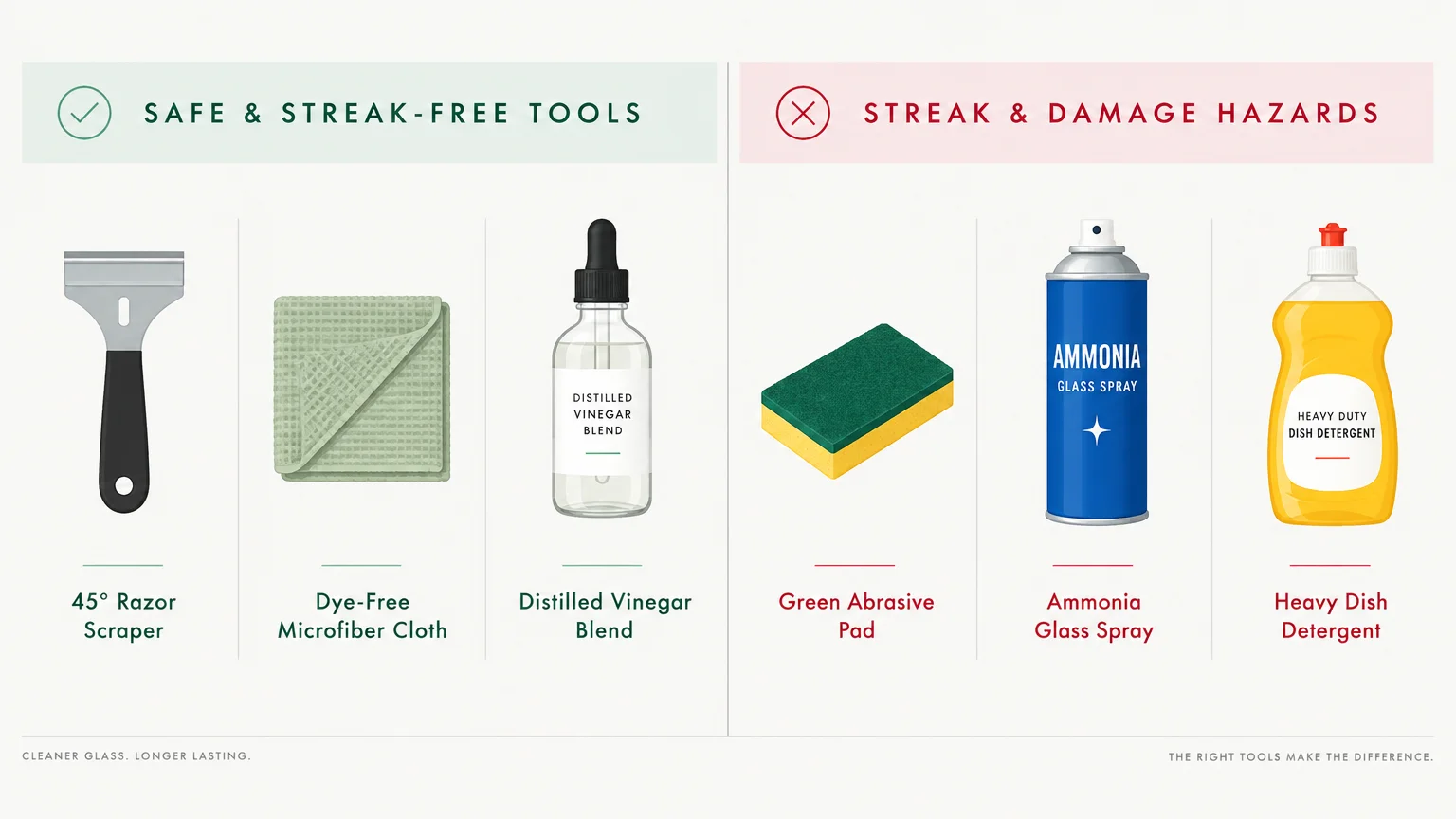 Chart comparing safe tools like razor scraper and vinegar blend against hazard items like ammonia spray and abrasive pads.