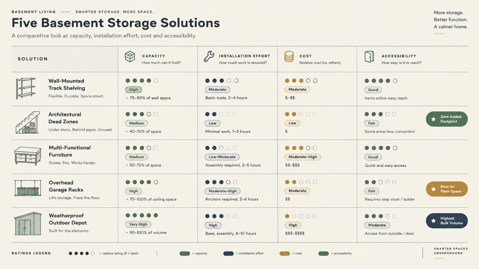 Comparison chart rating five storage solutions across capacity, installation effort, cost, and accessibility.