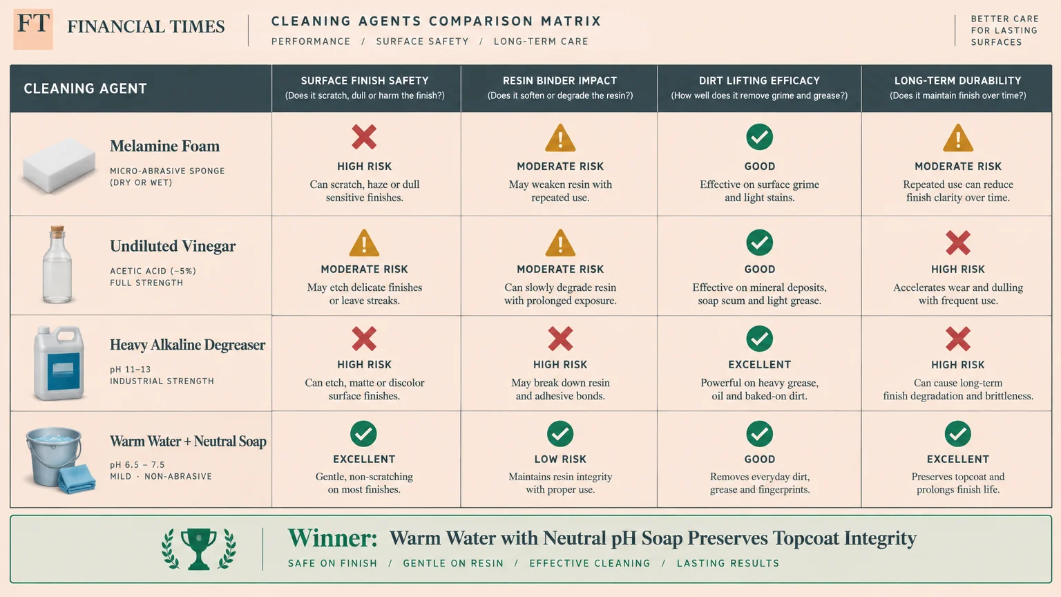 A comparison matrix rating four cleaning agents on surface finish safety, resin impact, dirt lifting, and durability.