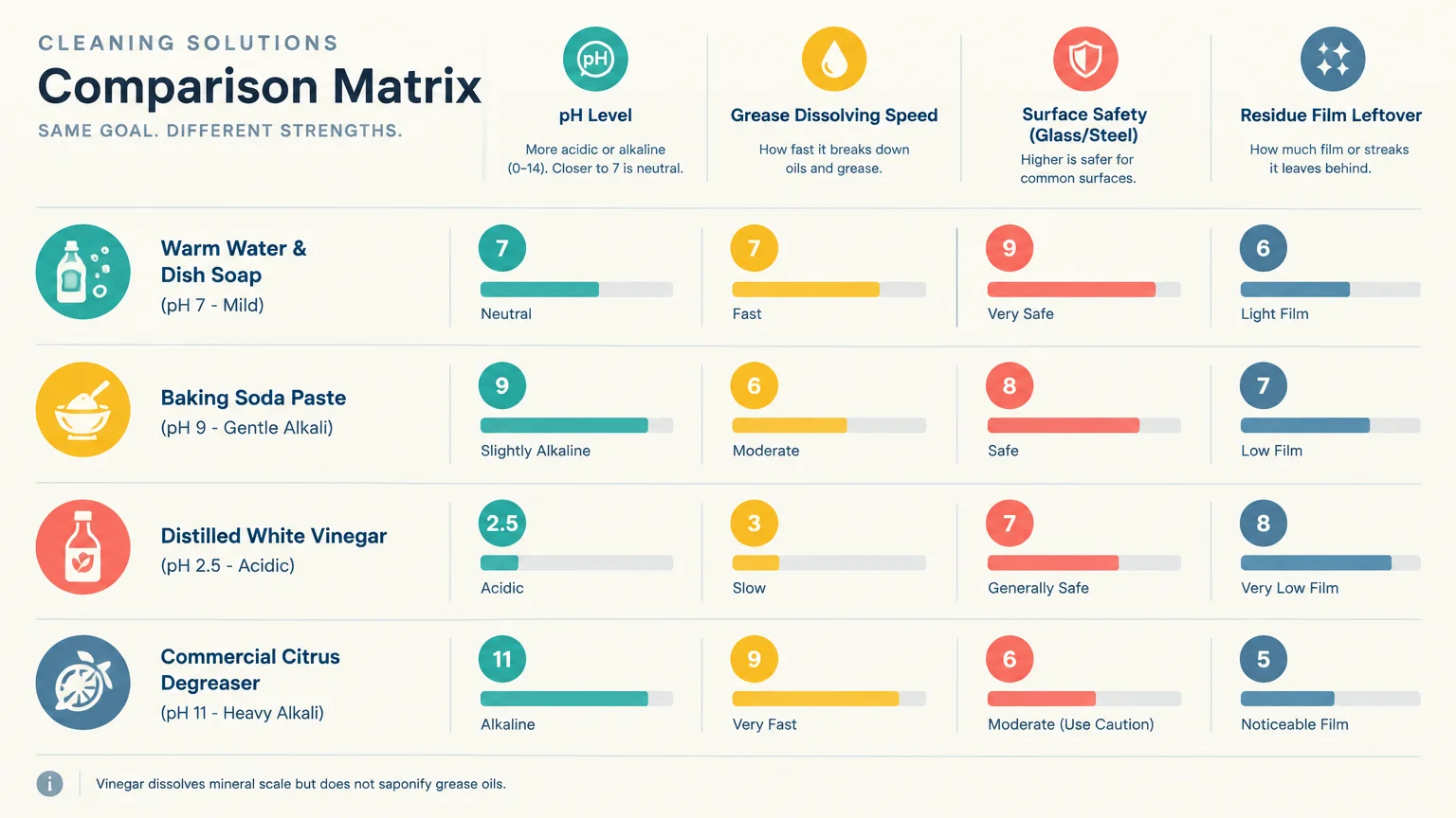 Infographic matrix comparing dish soap, baking soda, vinegar, and degreaser across pH, speed, surface safety, and residue.