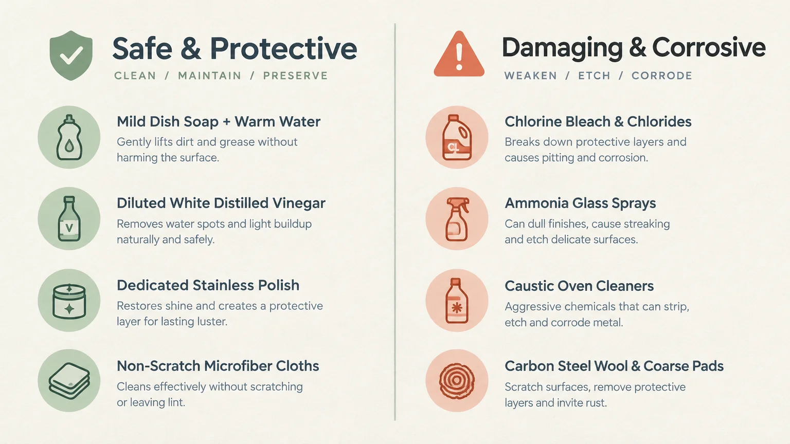 Comparison chart listing safe and protective cleaners on the left versus damaging and corrosive products on the right.