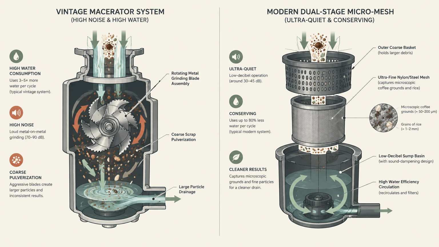 Diagram comparing a vintage macerator system with grinding blades to a modern dual-stage micro-mesh dishwasher filter.