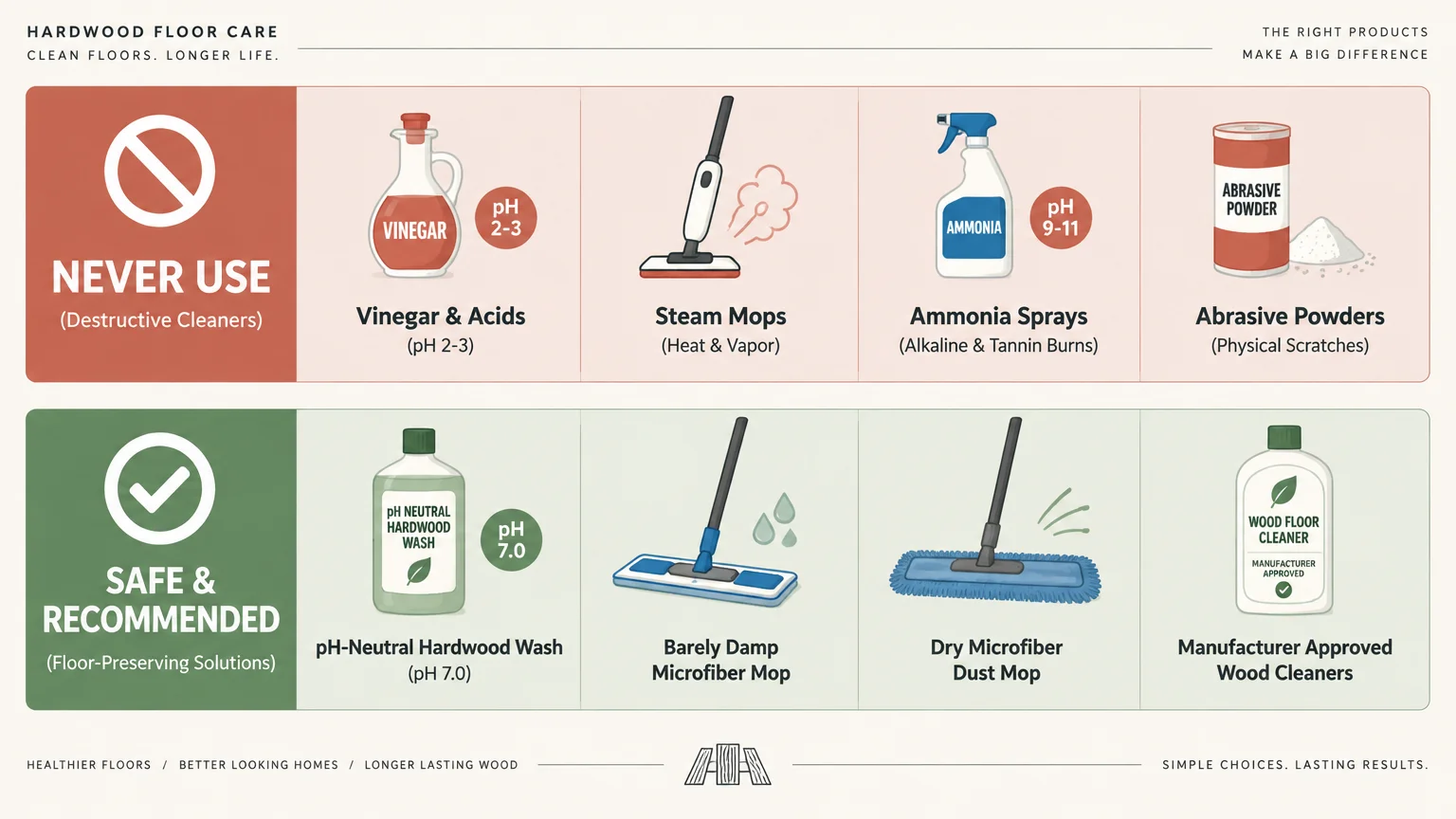 Chart comparing destructive cleaners like vinegar and steam mops to safe solutions like pH-neutral wash and microfiber mops.