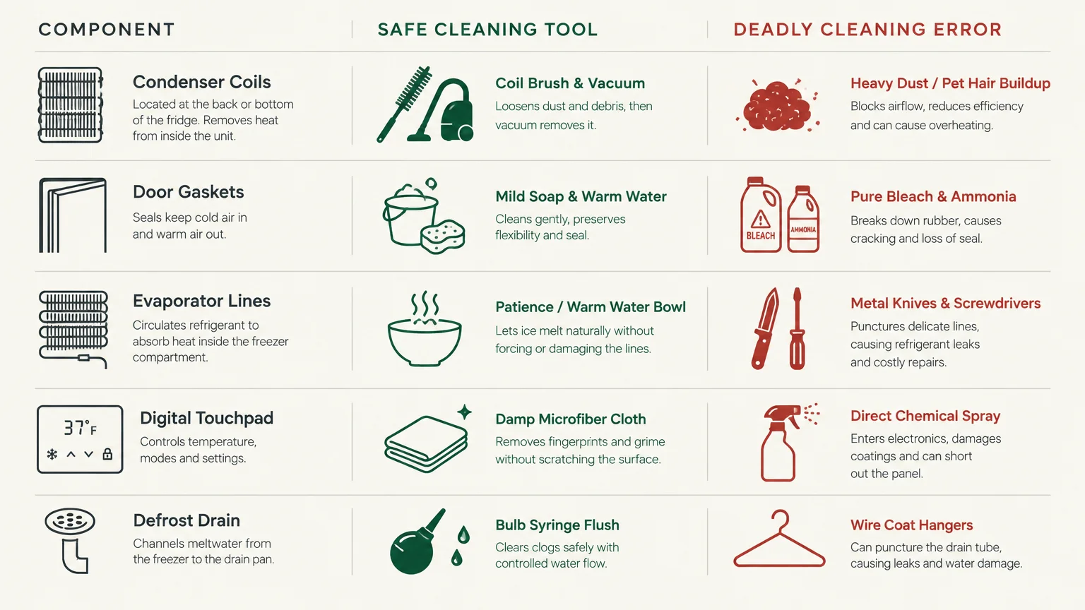 Table comparing safe cleaning tools and deadly cleaning errors for five refrigerator parts with icons and text.