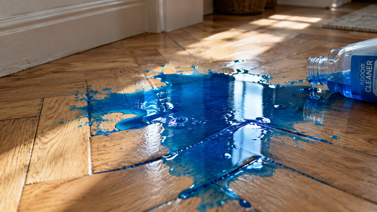 A tipped bottle of blue floor cleaner spilling liquid across a herringbone wood floor into the seams.