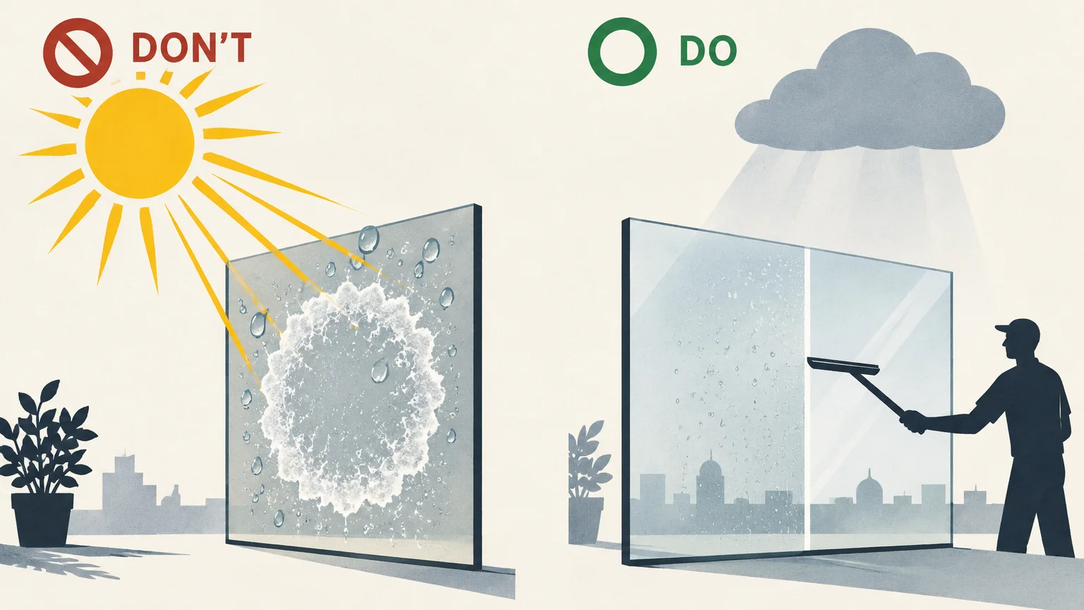 Illustration comparing cleaning a window in bright direct sunlight labeled Don't with squeegeeing under clouds labeled Do.