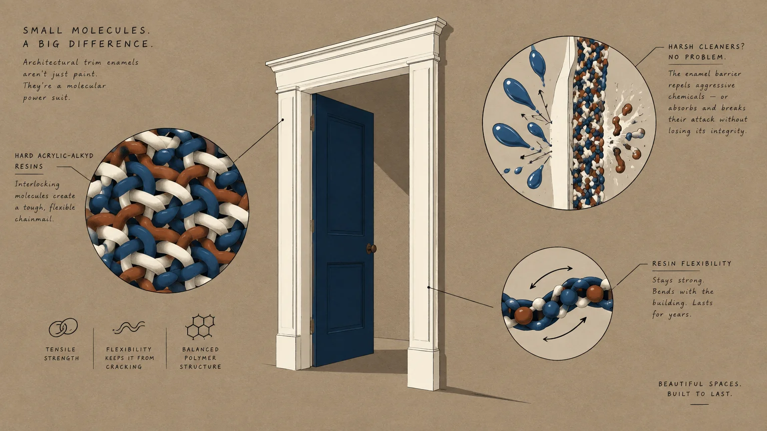 Diagram of a doorway with callouts showing woven molecular resin structures resisting impacts and liquids.