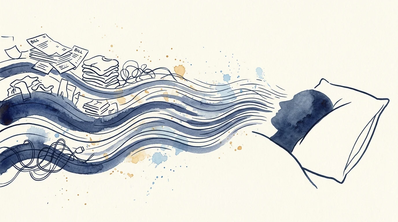 Watercolor illustration of a person resting their head on a pillow as swirling streams of clutter flow toward their face.