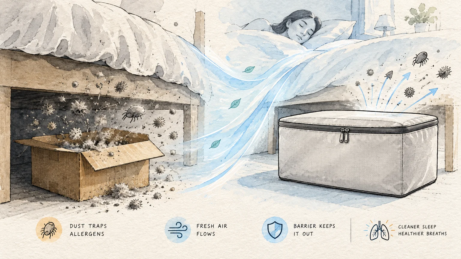 Illustration comparing an open cardboard box releasing dust mites under a bed with a sealed zippered storage bin blocking them.