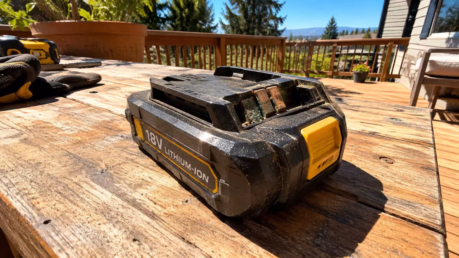 A weathered, dirty 18V lithium-ion power tool battery pack resting on a wooden outdoor table in direct sunlight.