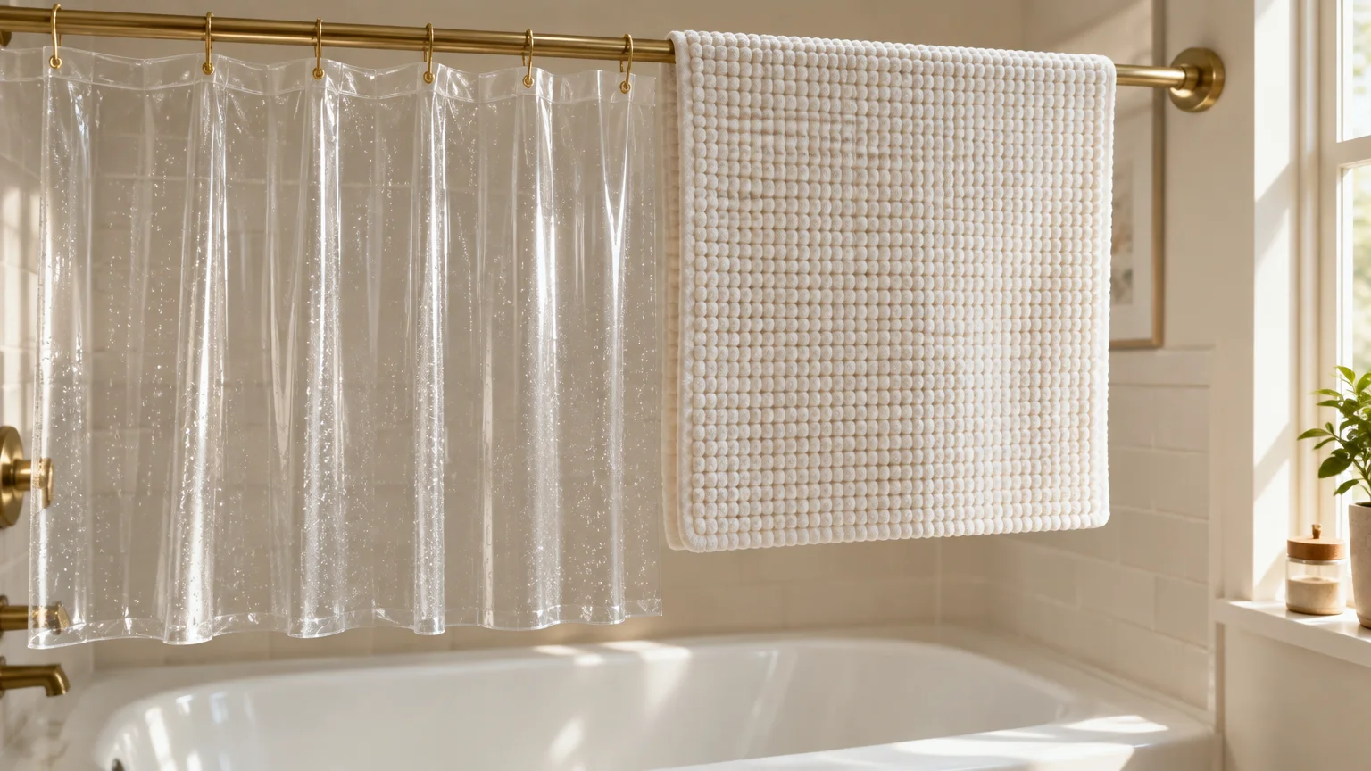 Clear shower curtain liner and white textured bath mat hanging from a brass rod over an empty white bathtub.
