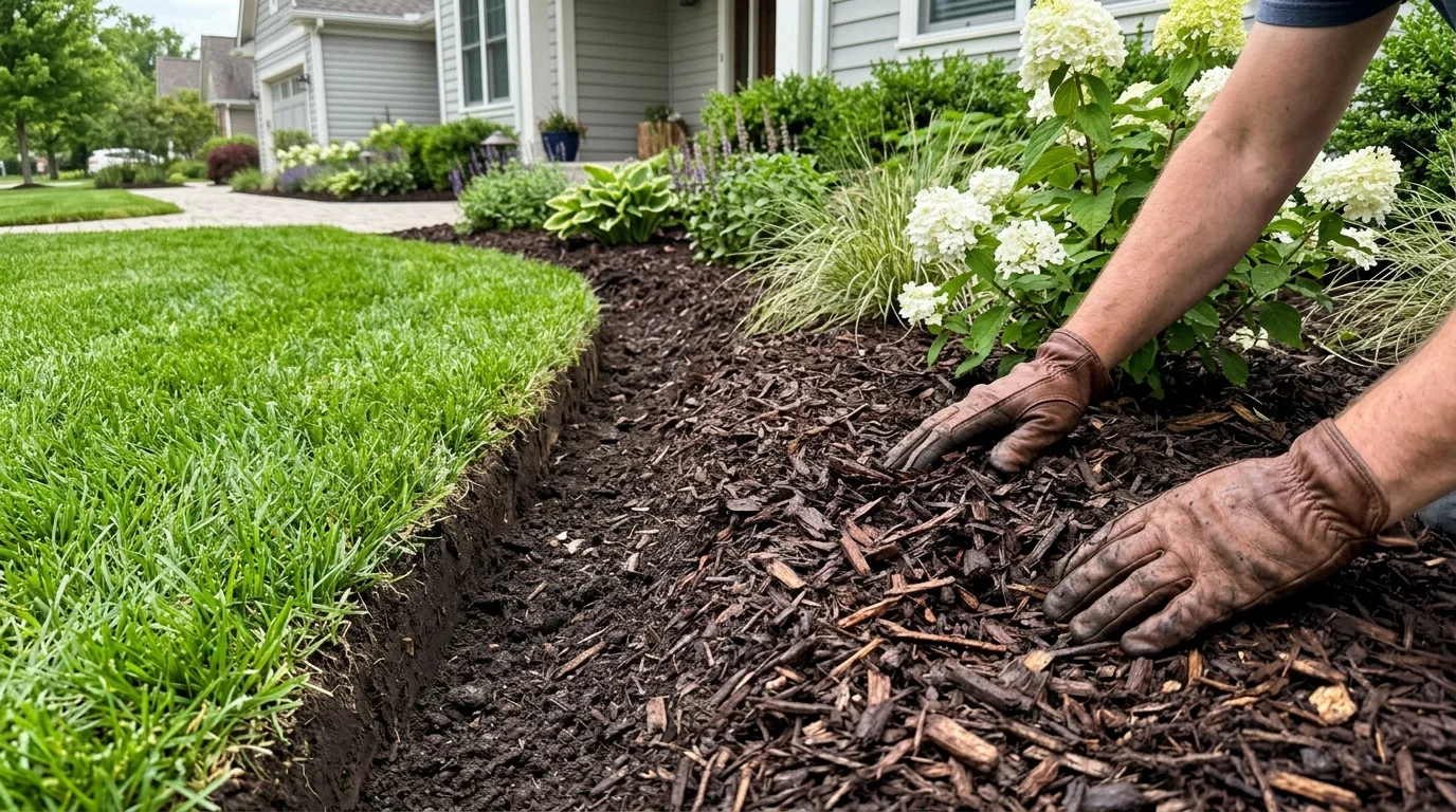 Gloved hands spreading dark mulch into a garden bed beside a sharply edged green lawn outside a home.