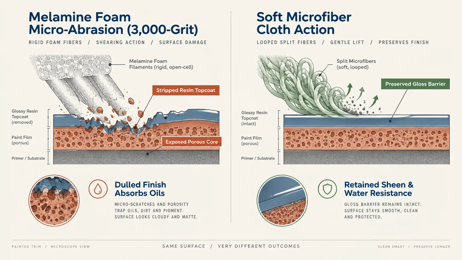 Diagram comparing melamine foam stripping a paint topcoat versus a soft microfiber cloth preserving the gloss barrier.