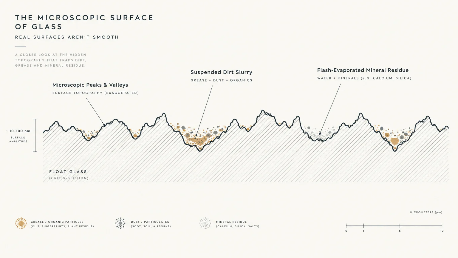 Cross-section diagram of jagged microscopic glass peaks and valleys trapping dirt particles, slurry, and mineral residue.