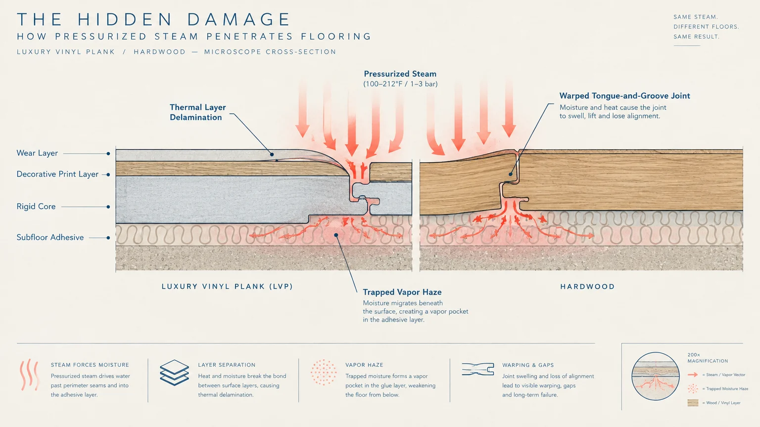 Cross-section diagram showing pressurized steam penetrating seams of luxury vinyl plank and hardwood flooring.