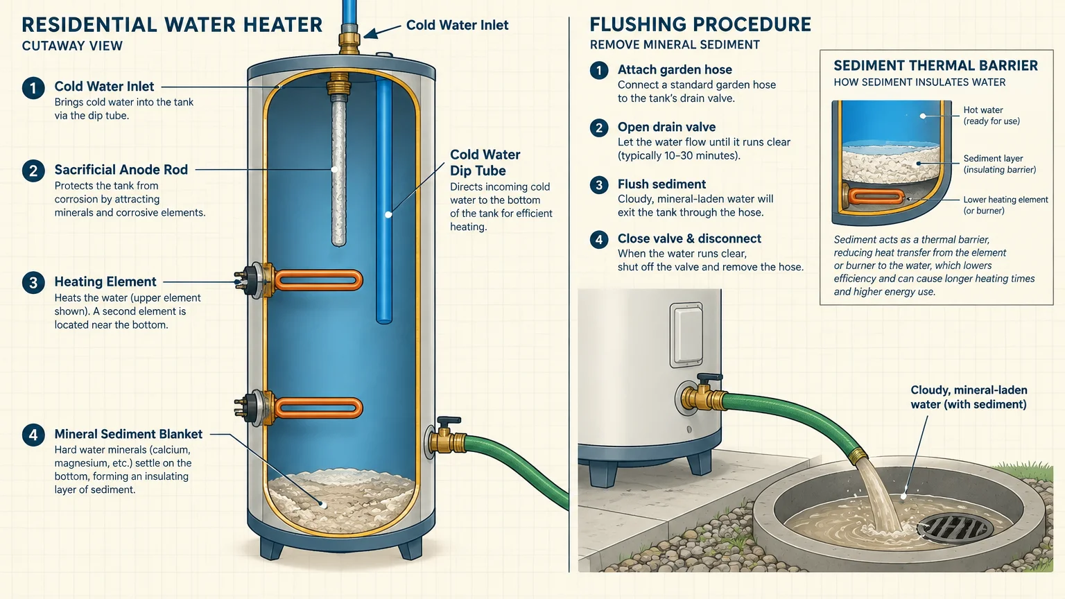 Diagram showing water heater cutaway, sediment buildup blocking heat transfer, and hose flushing water into a drain.