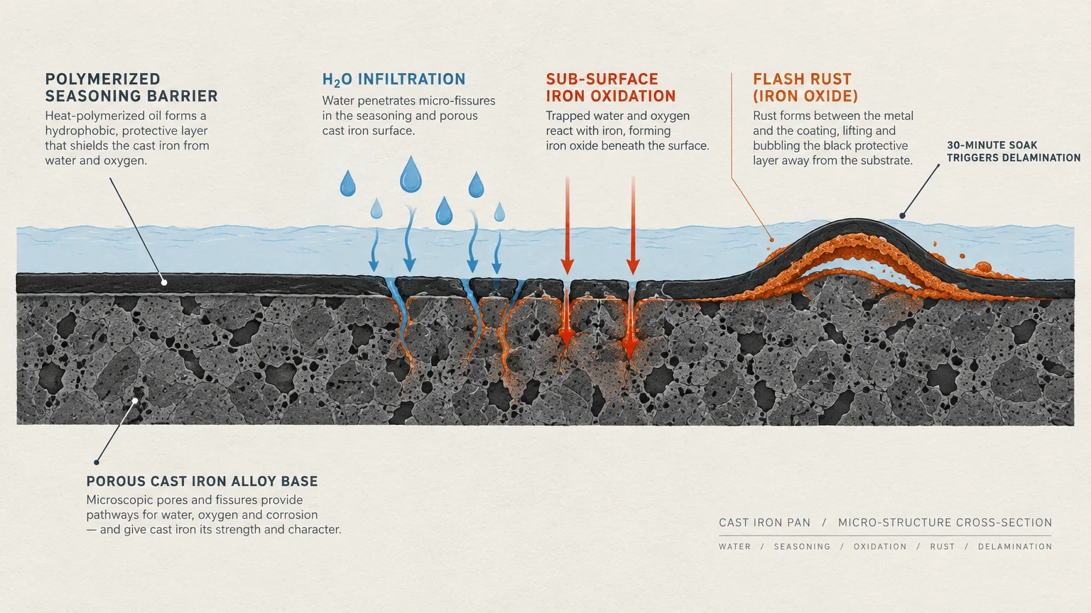 Cross-section diagram showing water penetrating micro-fissures in seasoning to oxidize cast iron and cause delamination.