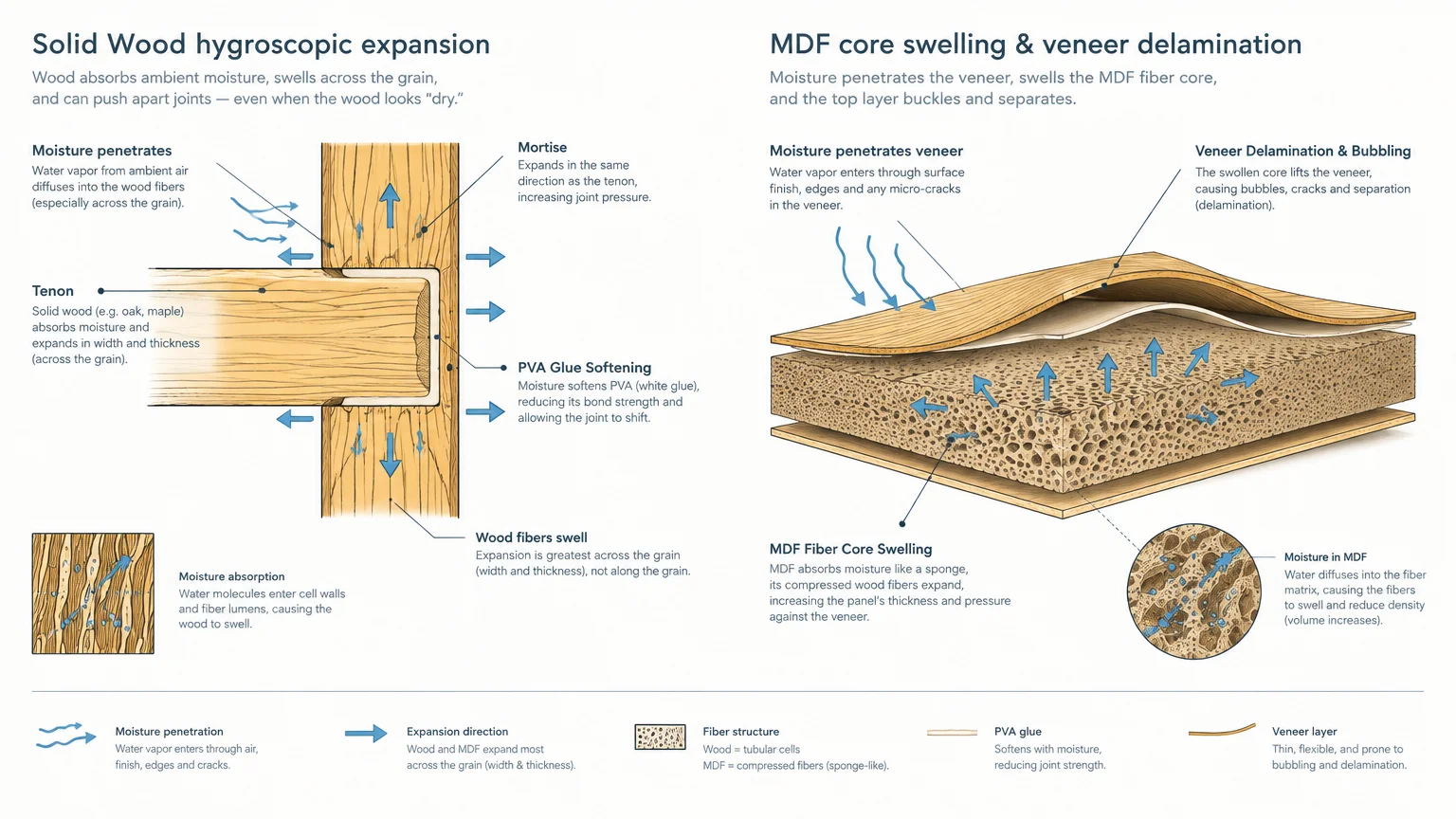 Diagram showing moisture causing wood fibers to swell at a tenon joint and veneer bubbling over an expanding MDF core.