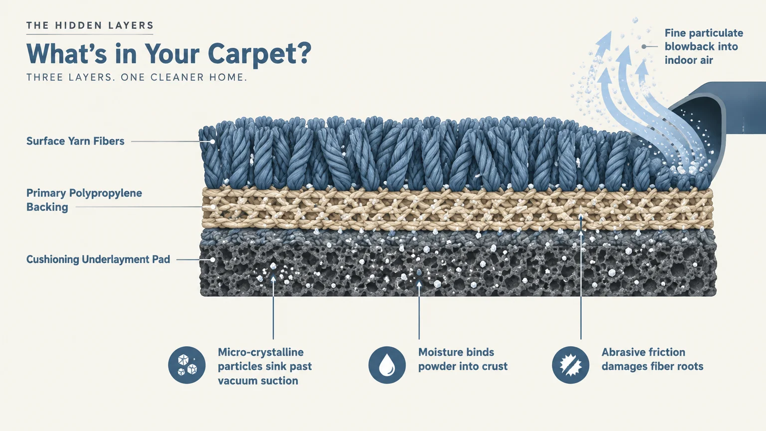 Cross-section diagram of carpet layers showing fine white powder settling into the backing pad and blowing into air.
