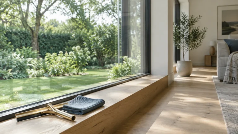 Brass squeegee and folded blue microfiber cloth resting on a wooden window sill beside large glass panes overlooking a garden.