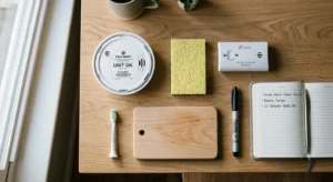 Smoke alarm, sponge, CO detector, toothbrush head, cutting board, and notebook arranged on a wooden desk.