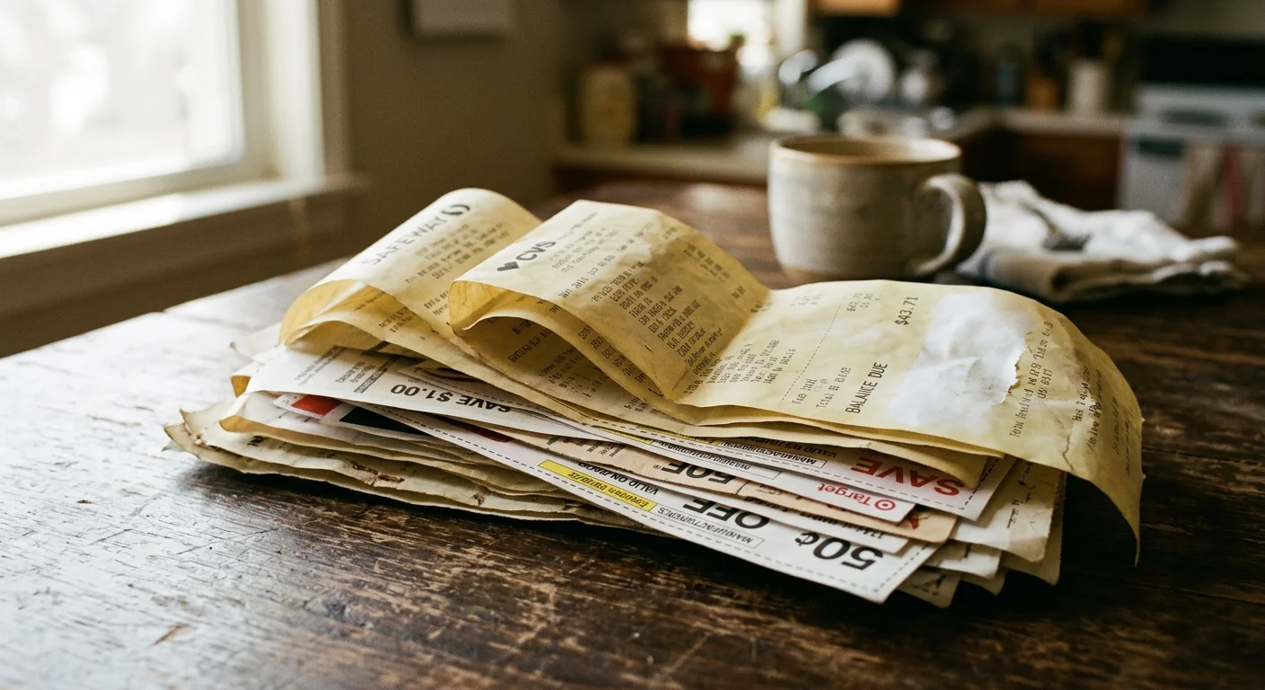 A stack of faded paper receipts and store coupons resting on a rustic wooden table next to a coffee mug.