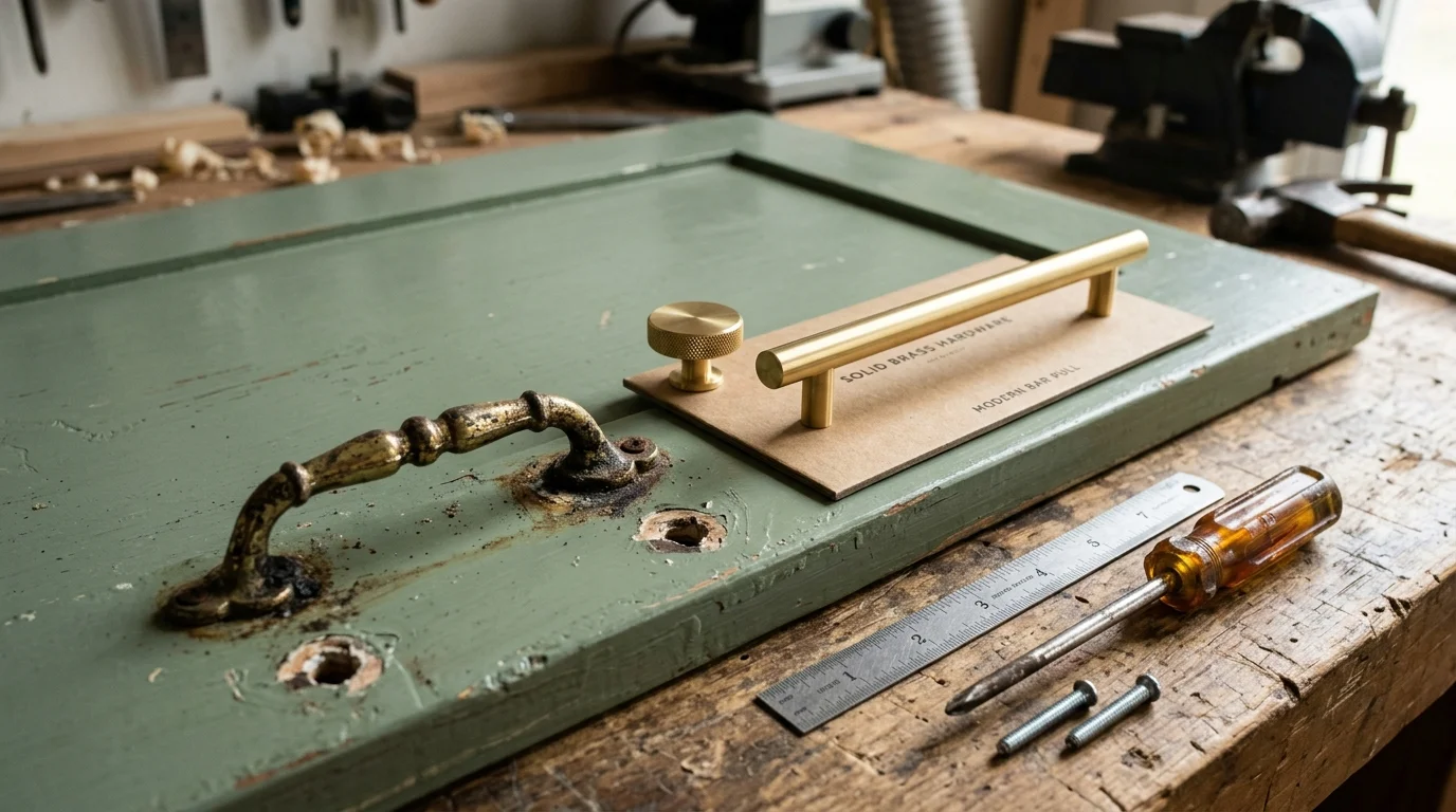 Green cabinet door on a workbench comparing an old ornate metal handle with modern brass hardware beside tools.