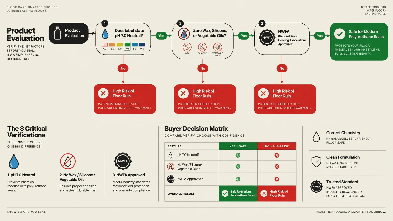 Decision tree flowchart and matrix evaluating wood floor cleaners by pH 7.0 neutrality, oil additives, and NWFA approval.