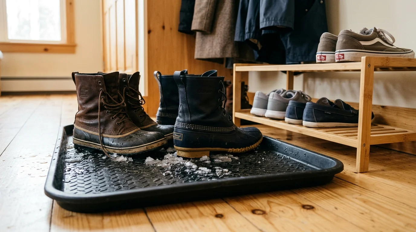Wet winter boots sit on a black rubber tray with melting snow beside a wooden shoe rack in an entryway.