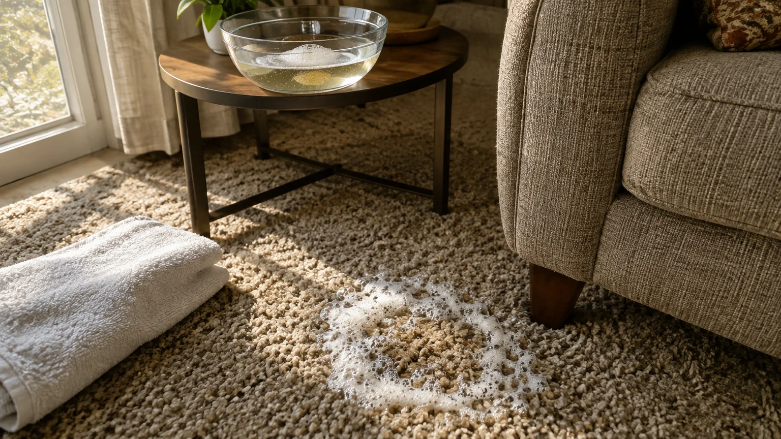 Soapy white foam ring on a beige carpet next to a folded towel, couch, and side table with a bowl of water.