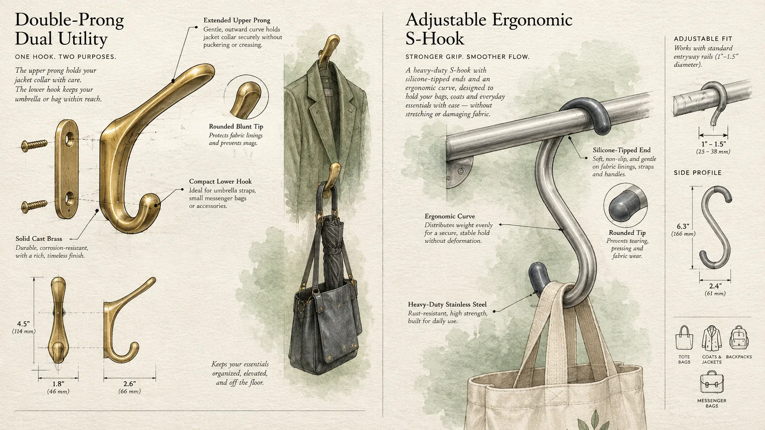 Technical illustration showing dimensions, features, and uses of a double-pronged wall hook and a rail-mounted S-hook.