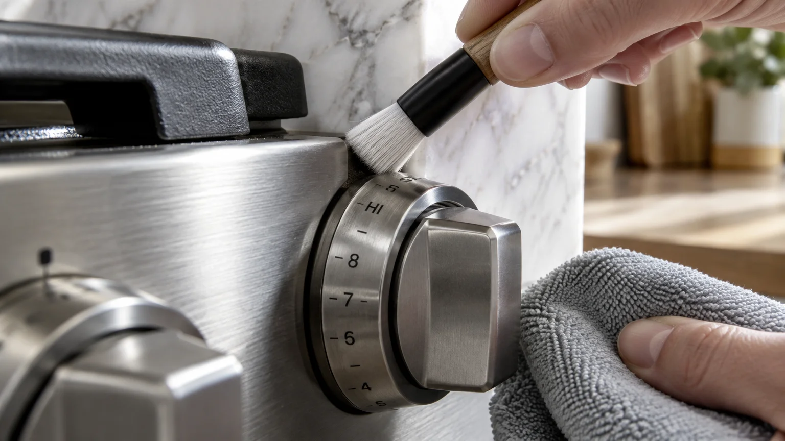 A small detailing brush cleans the tight seam around a stainless steel range knob next to a marble backsplash.