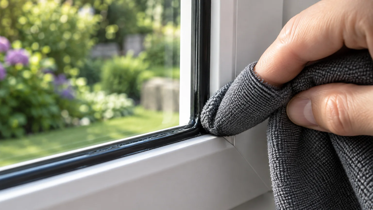 A person using a grey microfiber cloth wrapped around a finger to wipe the rubber seal along a white window frame.