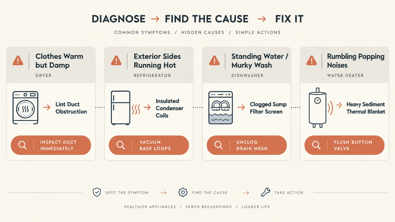 Diagram outlining symptoms, hidden causes, and cleaning actions for a dryer, refrigerator, dishwasher, and water heater.