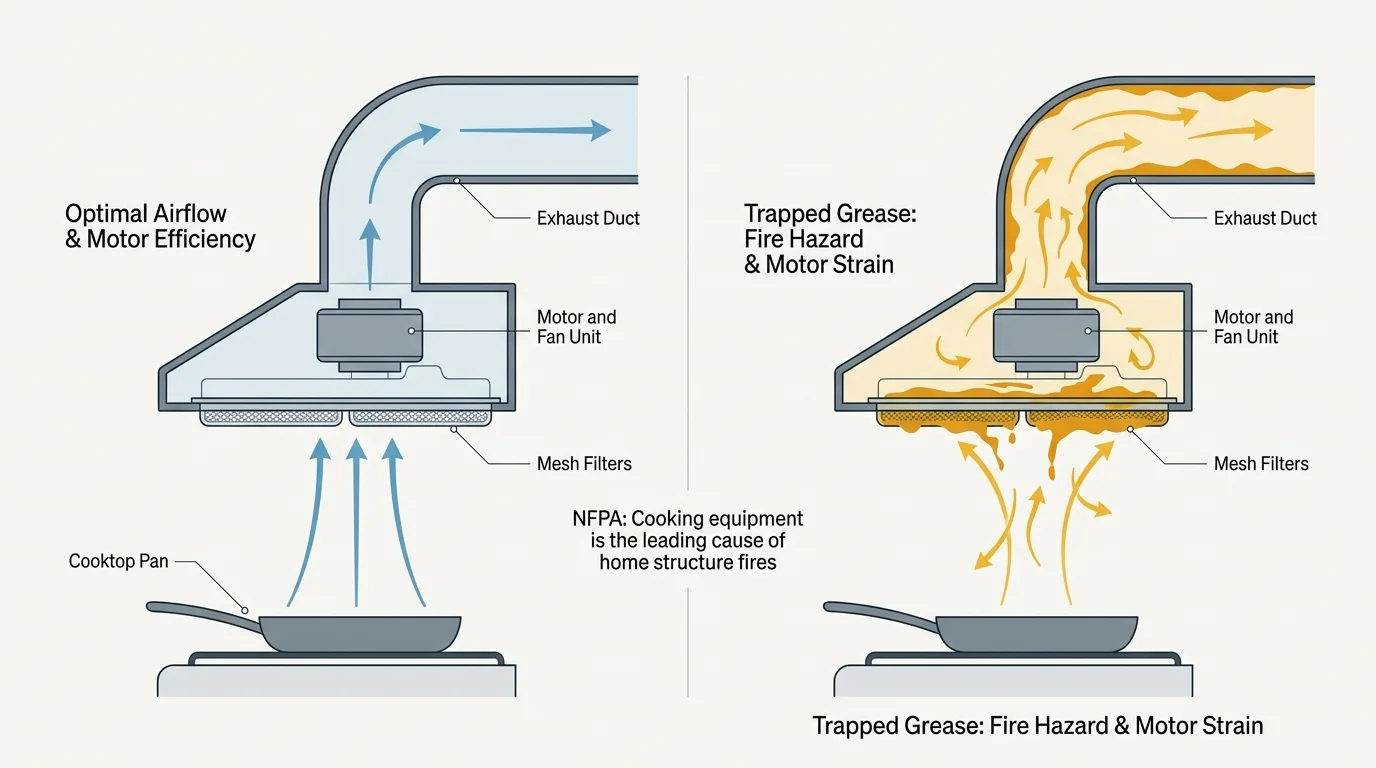 Diagram comparing optimal range hood airflow against a grease-clogged exhaust duct and mesh filters causing motor strain.