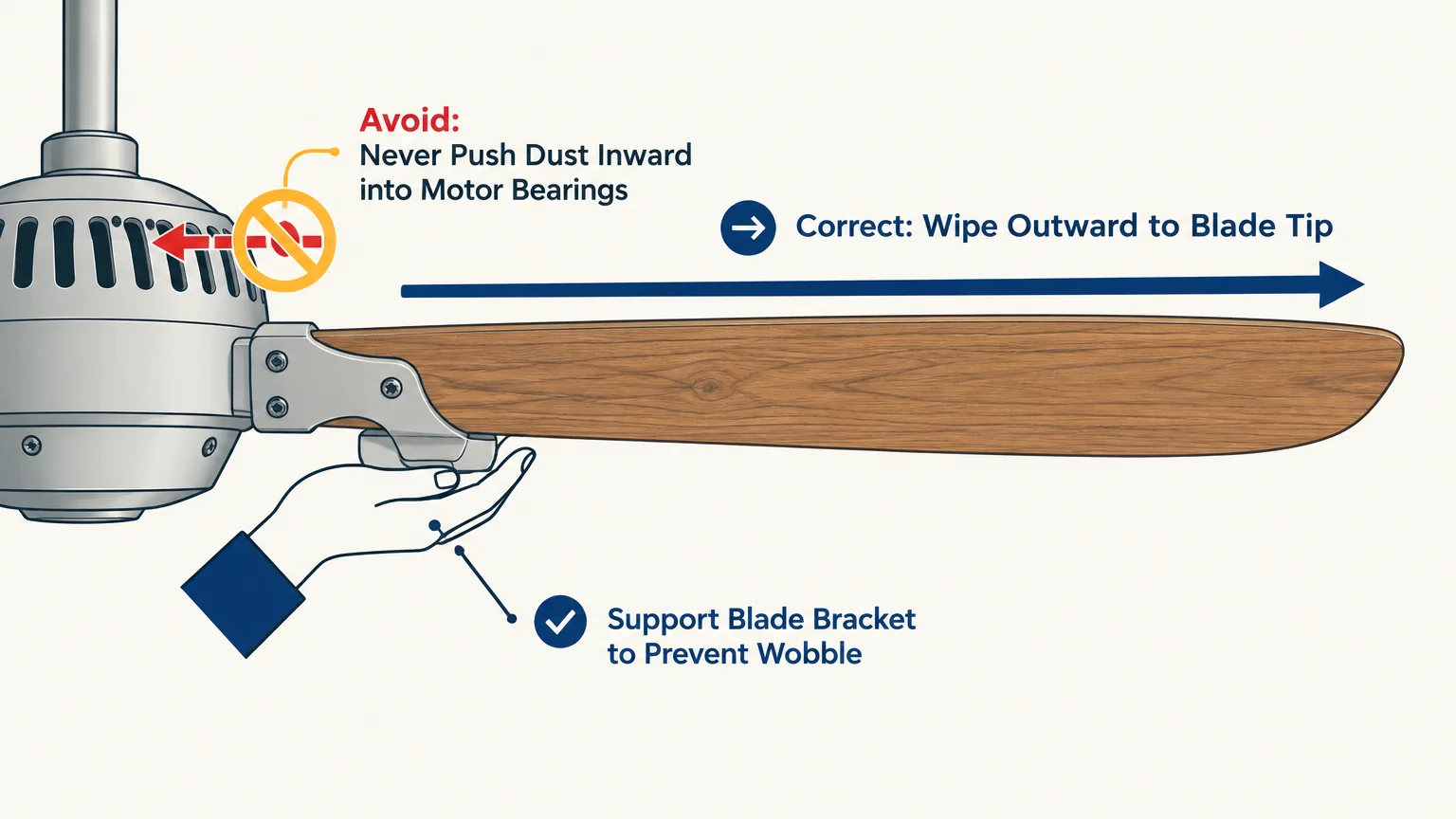 Diagram showing a hand supporting a ceiling fan blade bracket, with an arrow indicating wiping outward toward the tip.