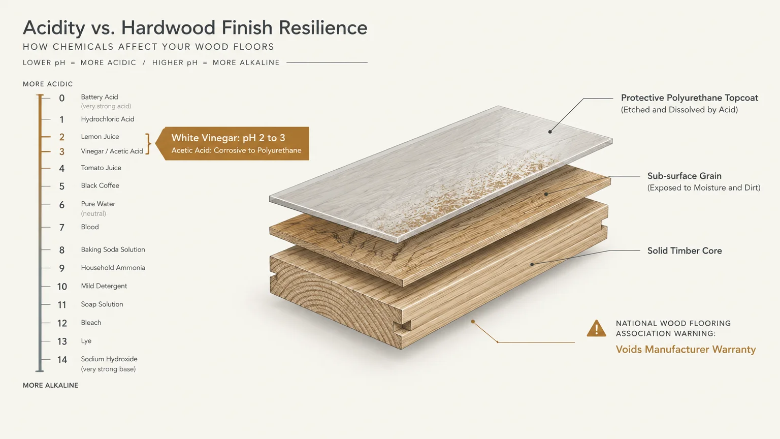 Diagram of a wood floor plank layers beside a pH scale highlighting white vinegar at pH 2 to 3.