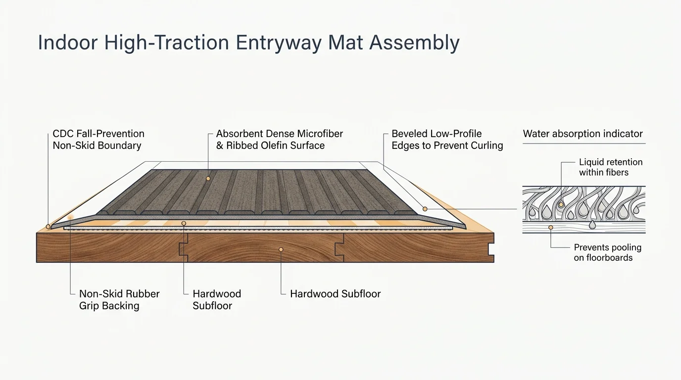 Diagram showing a cross-section of a ribbed entryway mat with non-skid backing layered on a hardwood floor.