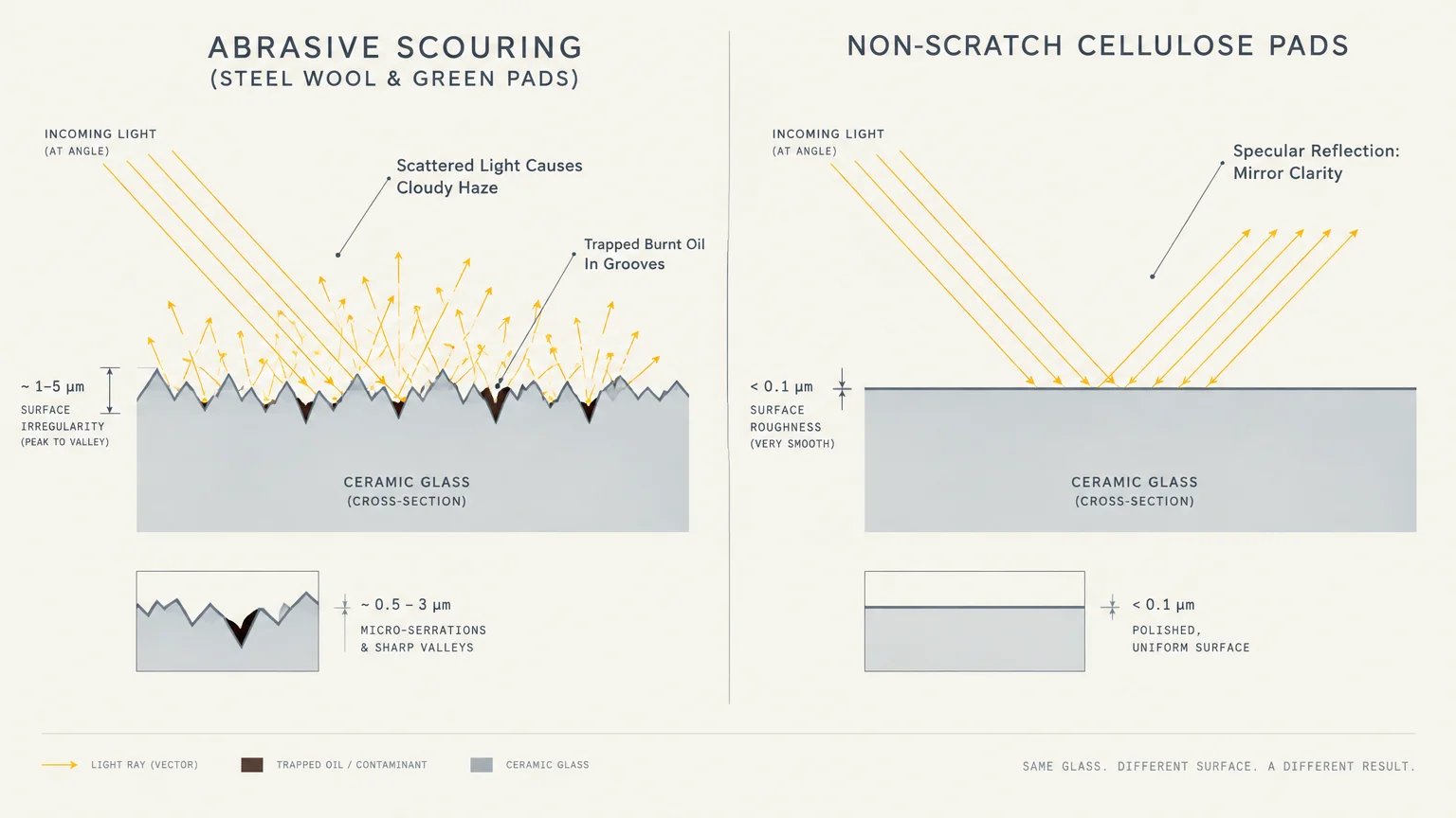Cross-section diagram comparing light scattering on scratched ceramic glass versus specular reflection on smooth glass.