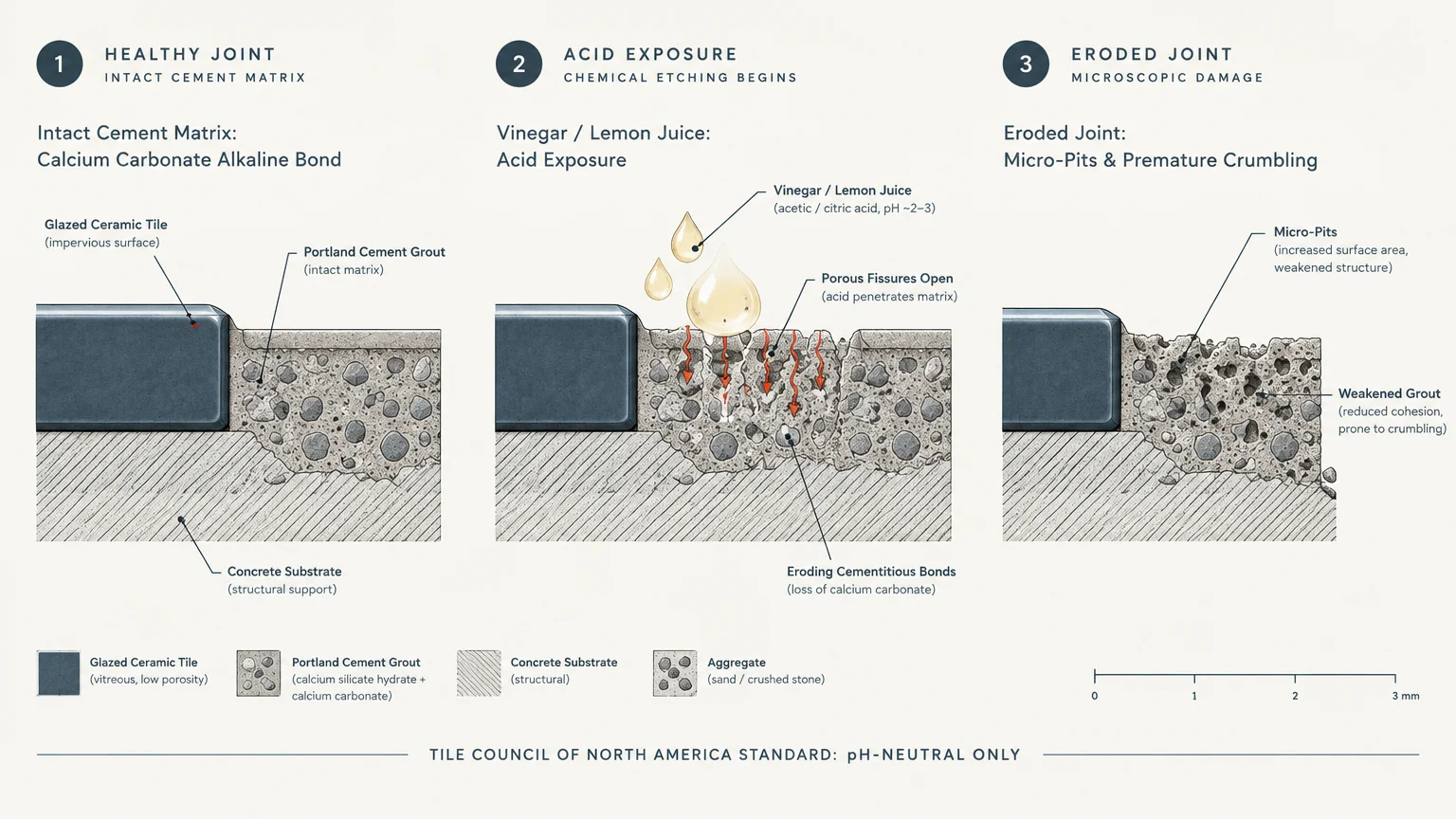 Three-step diagram showing acid penetrating Portland cement grout, eroding calcium carbonate and causing microscopic pits.