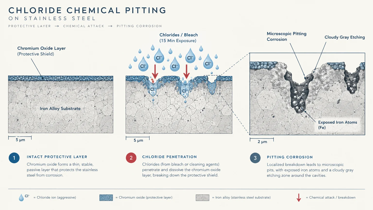 Diagram in three steps showing chlorides penetrating a chromium oxide layer to cause pitting corrosion on stainless steel.