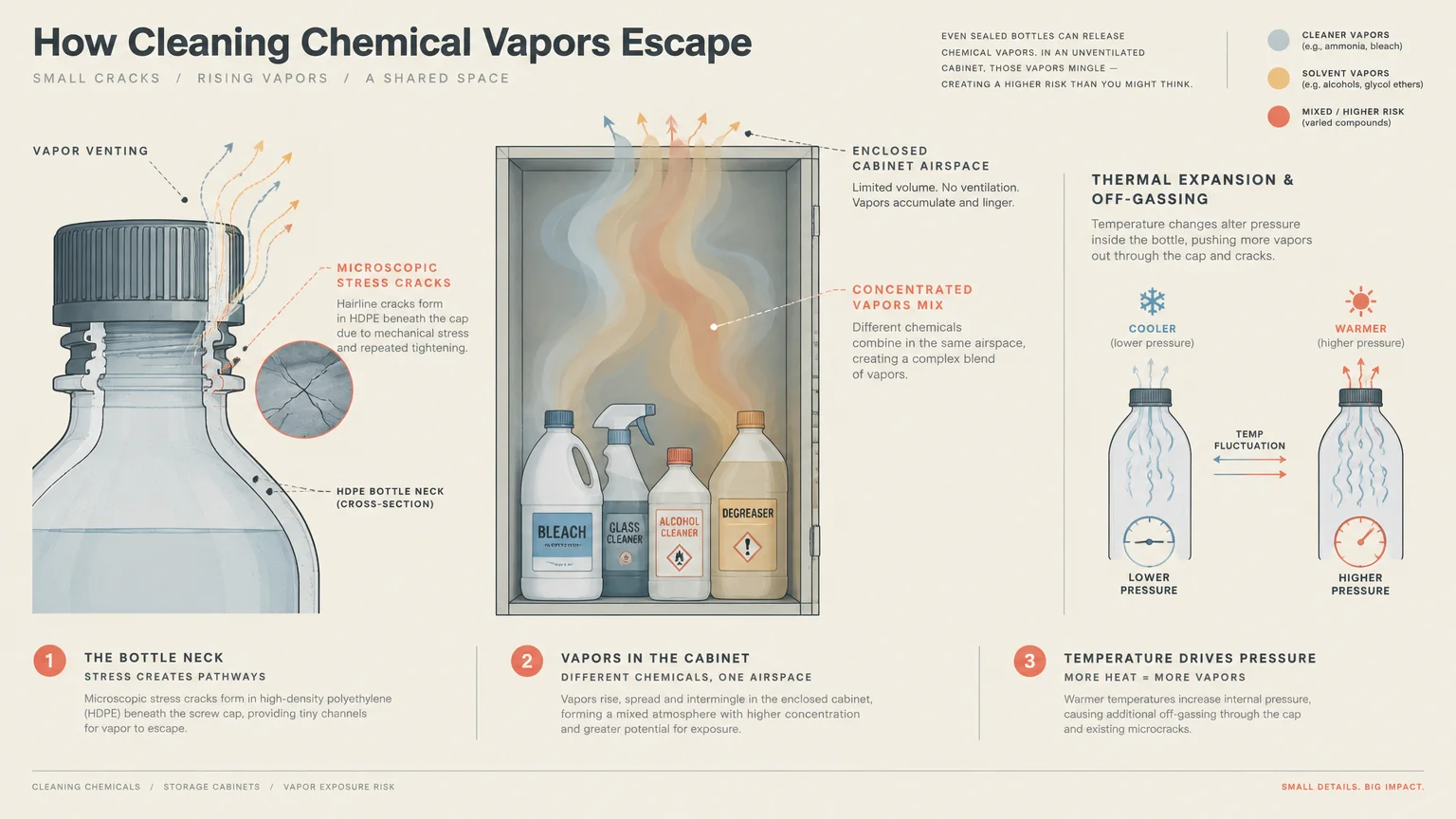Diagram showing how cleaning chemical bottles vent vapors through microscopic stress cracks and mix inside an enclosed cabinet.