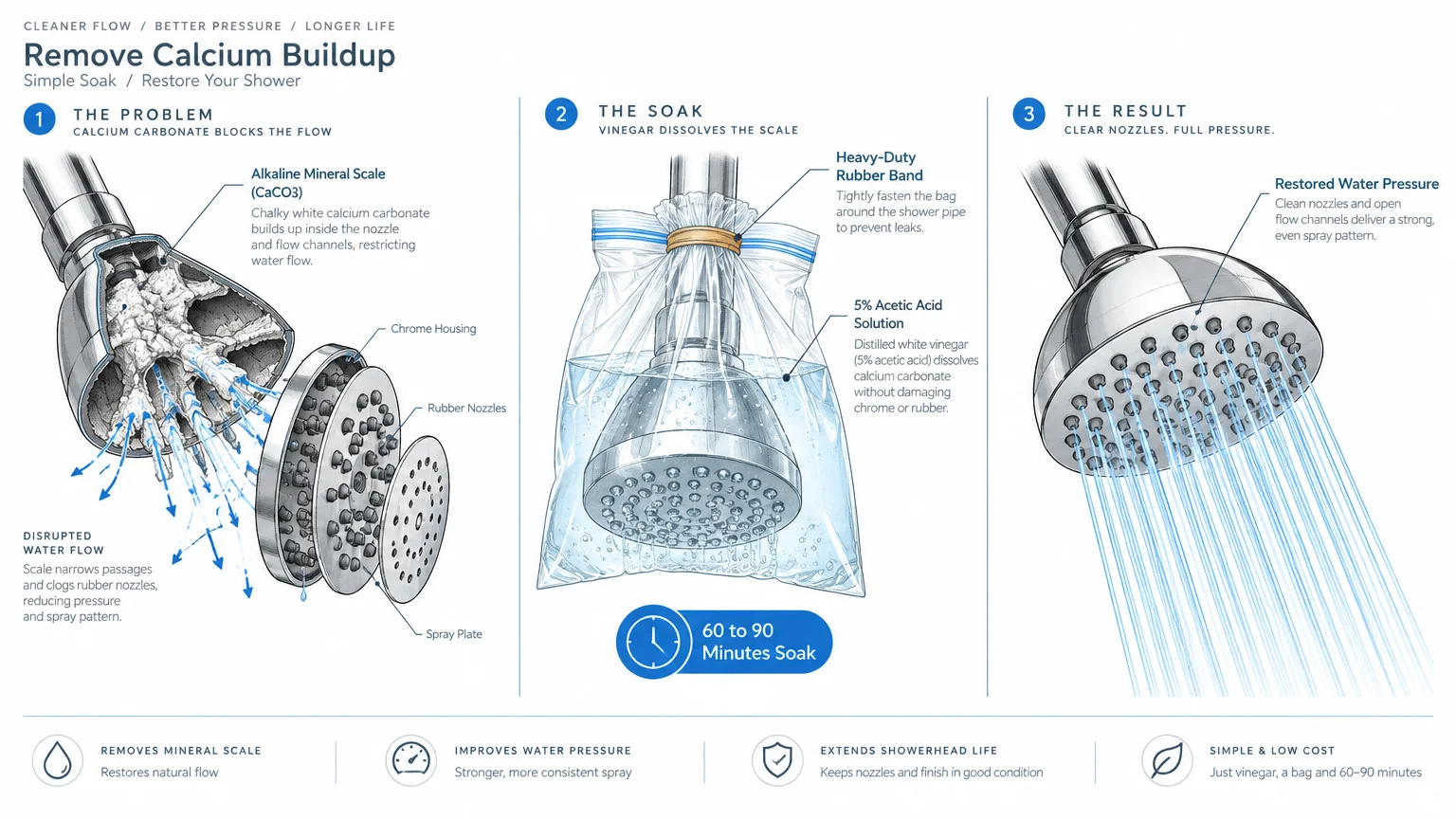 Three-step diagram showing mineral buildup in a showerhead, soaking it in a vinegar bag, and fully restored water flow.