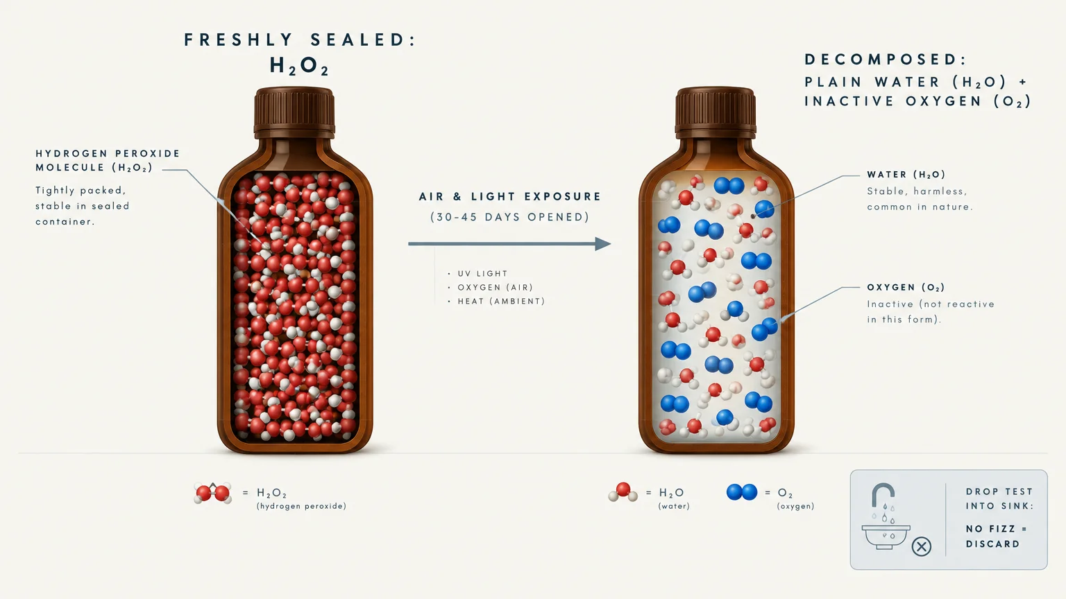Diagram showing hydrogen peroxide decomposing into water and oxygen molecules over time, plus a sink drop test icon.
